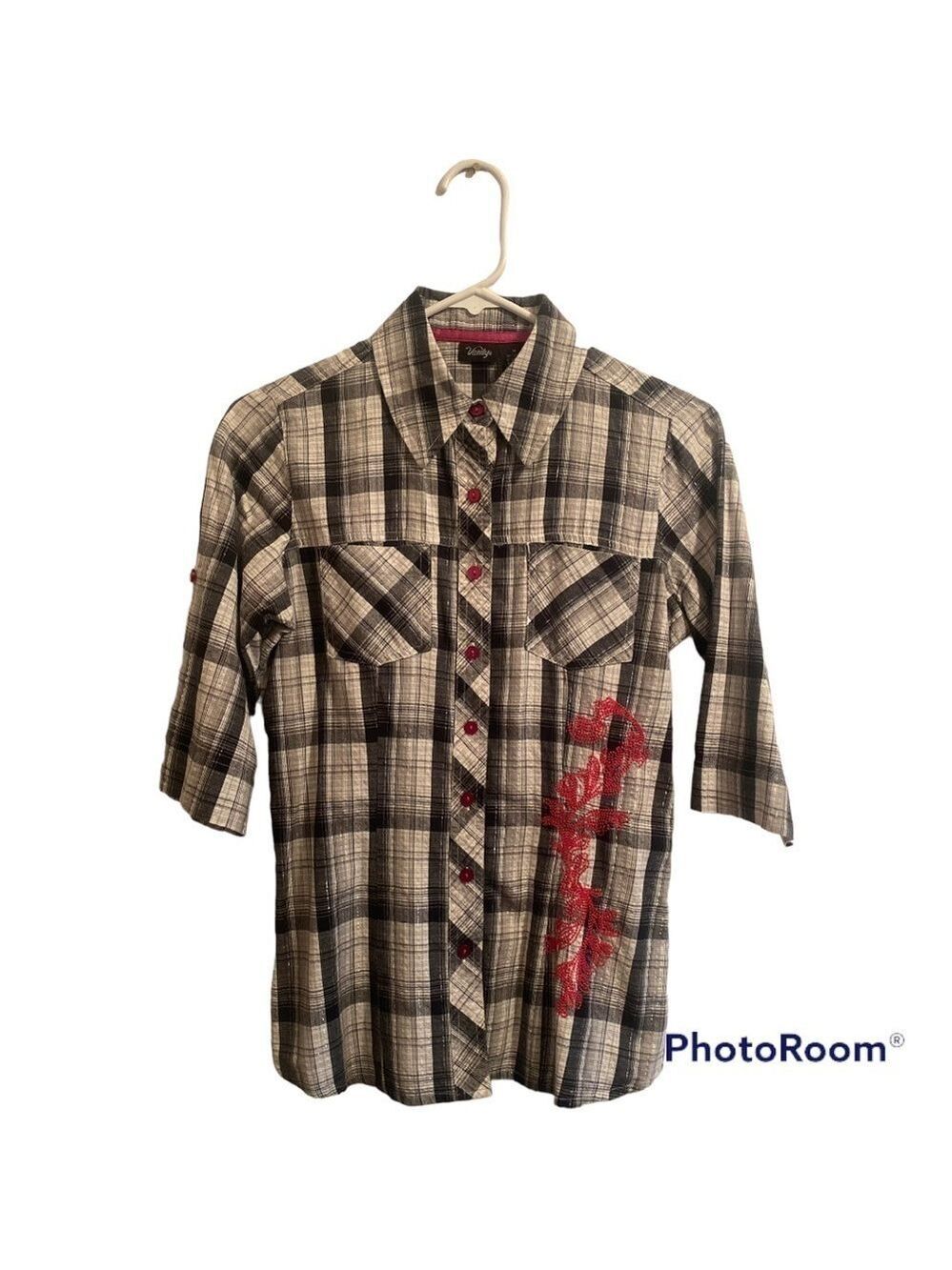 Vanity Plaid Women’s Medium Western Button-up Shirt Floral Hot Pink Embroidery